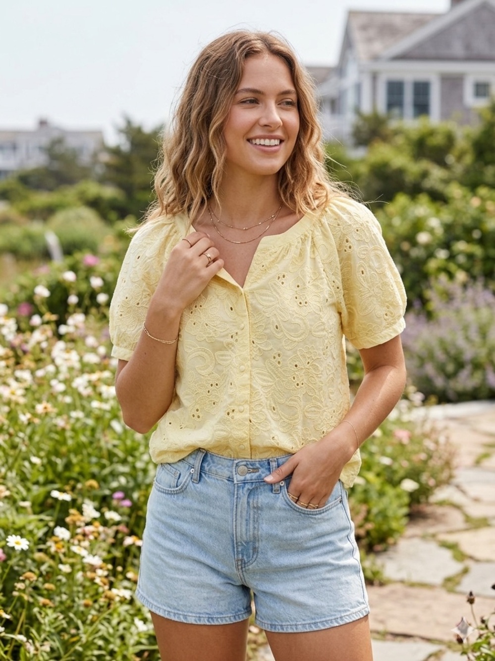Calypso St. Barth Pale Yellow Eyelet Puff-Sleeve Blouse